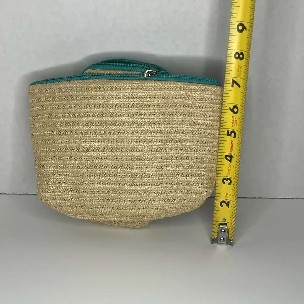 Woven Straw Cosmetic Travel Pouch with Teal Zipper and Tassel Detail